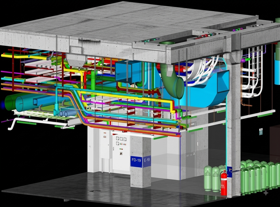 Isometric detail view of the coordinated BIM model